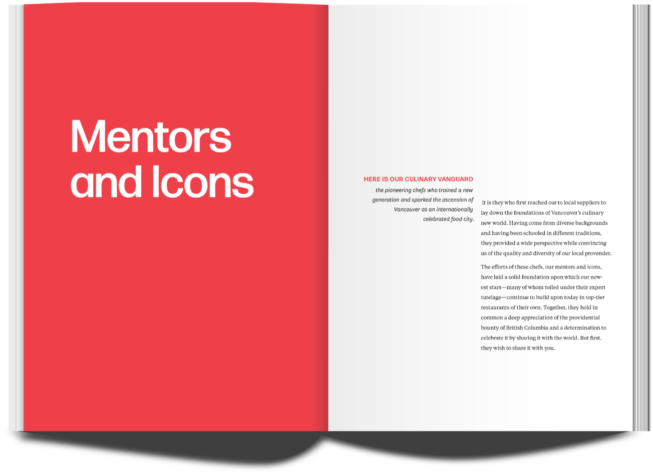 chapter opening of a cookbook. The chapter is: Mentors and Icons. On the right page is an introduction paragraph.