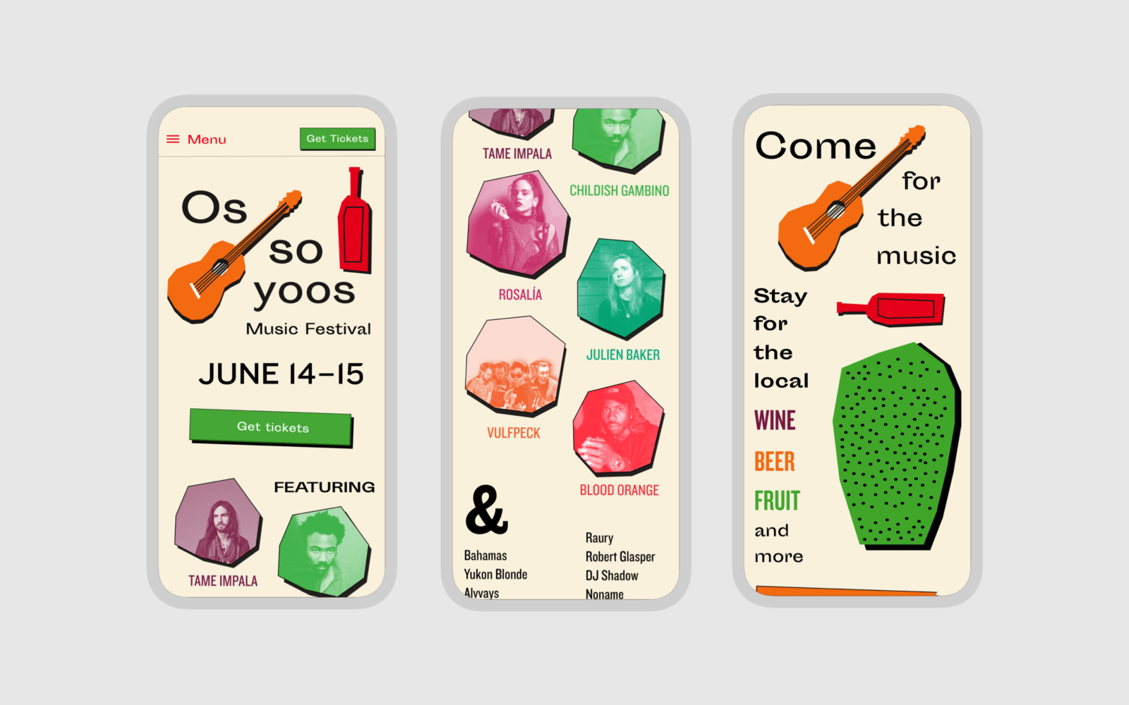 Website Mockup: mobile view. The tall website is split into three screens for easier viewing. Importantly, it shows the festival name, the date of the event, and a list of featured musicians and groups.