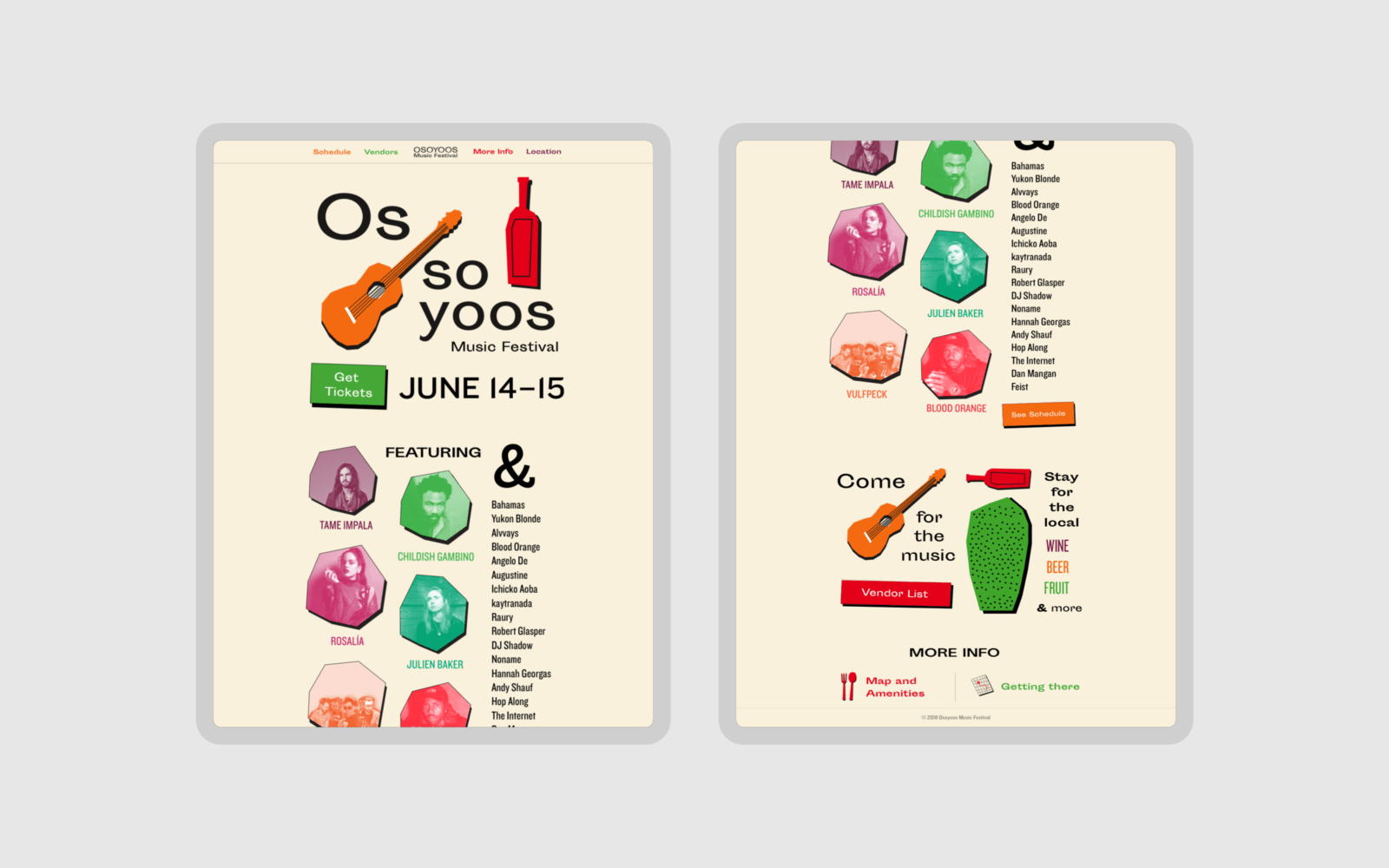 Website Mockup: desktop view. It shows the festival name, the date of the event, and a list of featured musicians and groups.