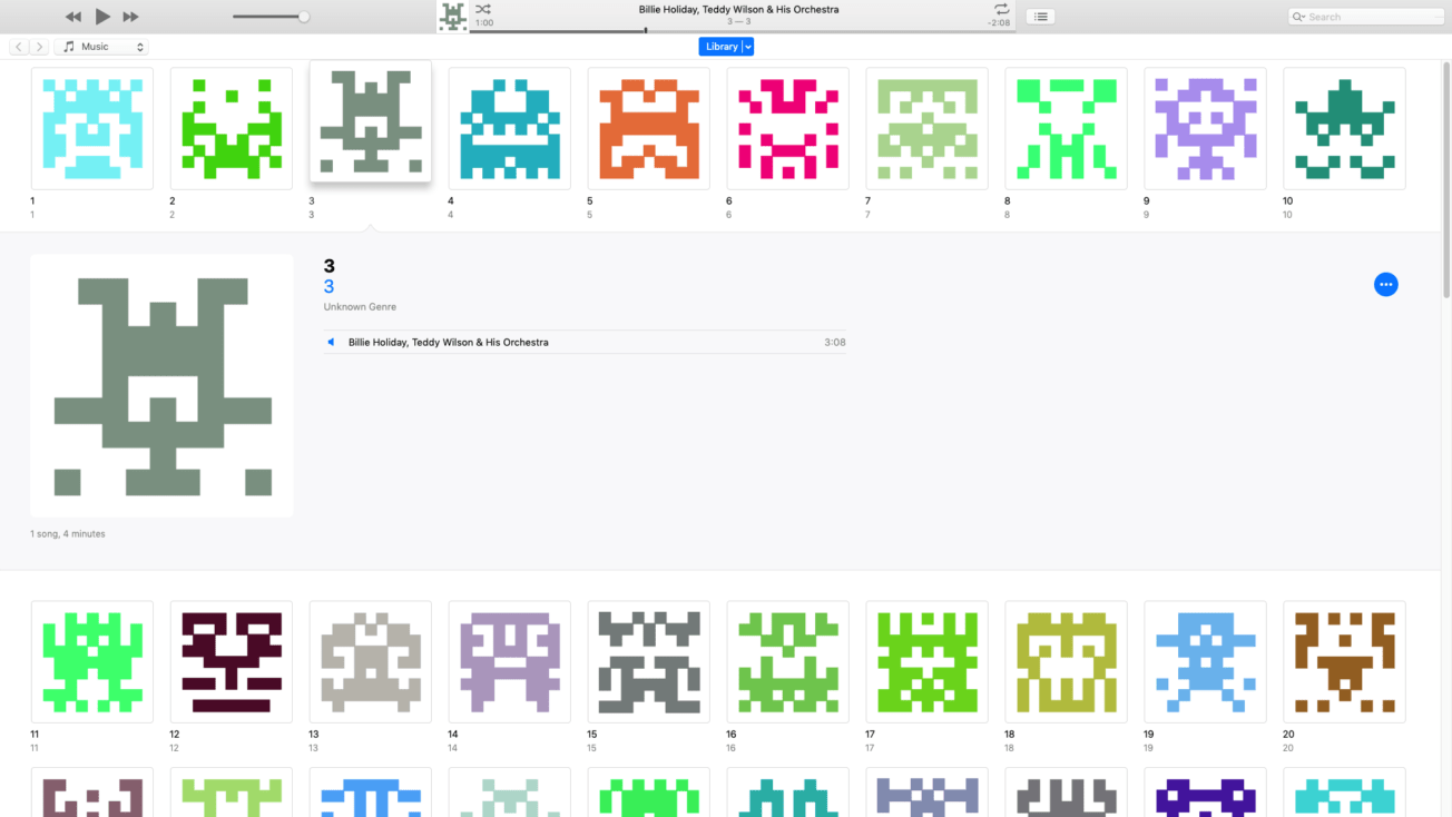 a screenshot of a music player app. Artist names are omitted and album art has been replaced with computer generated pixel art.