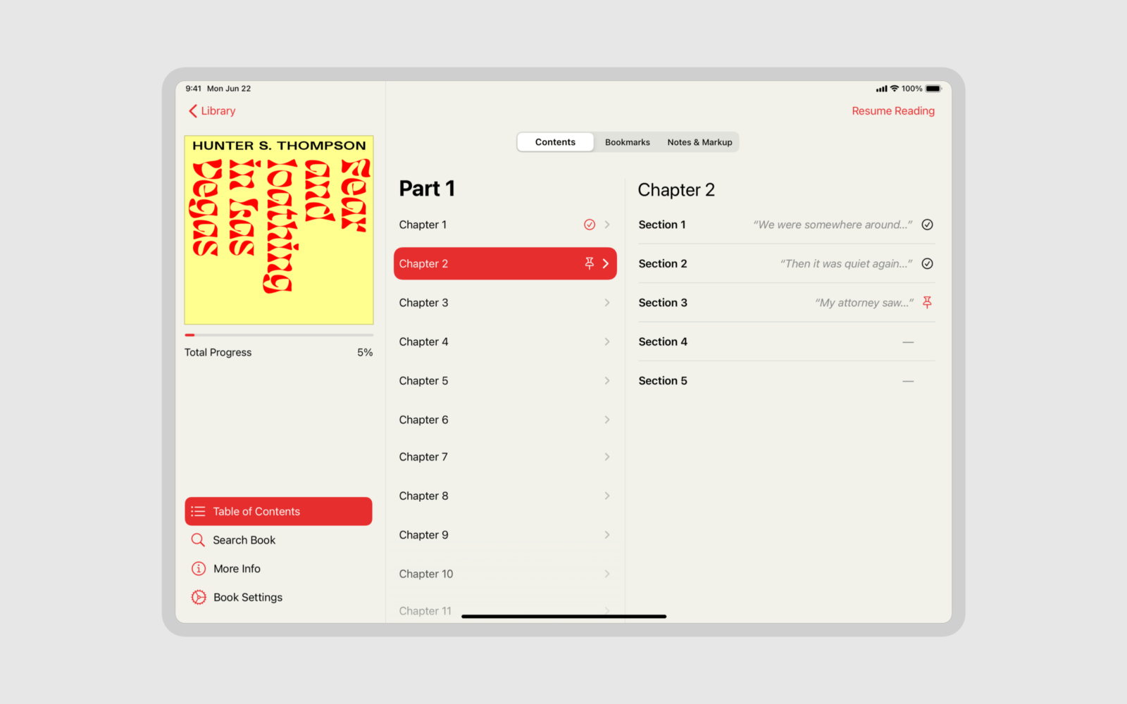 Design mockup for a web novel app. The Index of the web novel Fear and Loathing in Las Vegas is shown. There are options for selecting what chapter and section to read, showing additional information about the book, searching trough the book, configuring settings, showing bookmarks, notes and markup, returning to the library and resuming reading.
